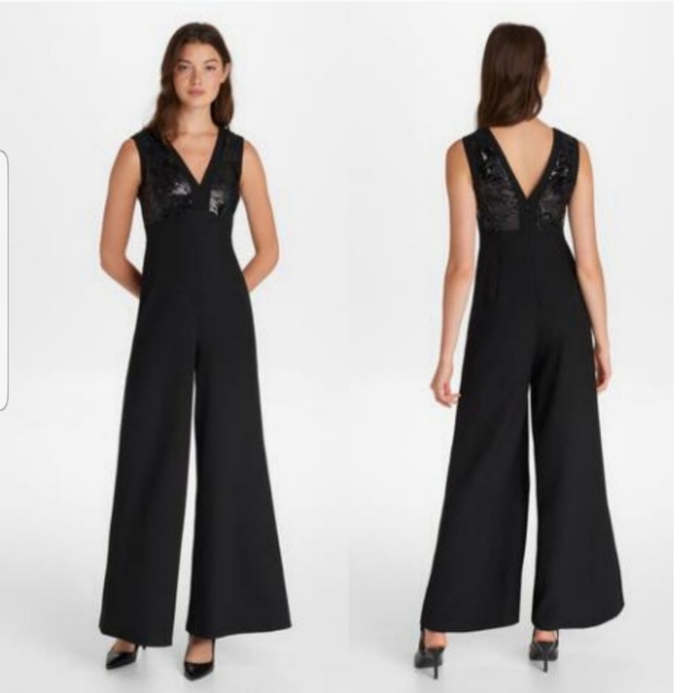 KARL LAGERFELD SEQUIN TRIM WIDE LEG JUMPSU…